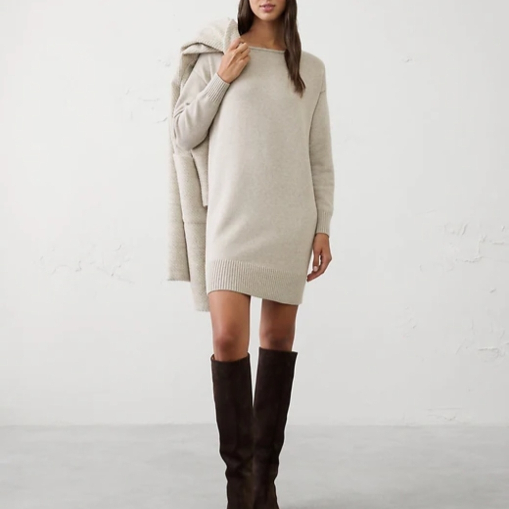Banana Republic Mini Sweater Dress Boatneck, Size L, Taupe Heather, NWOT